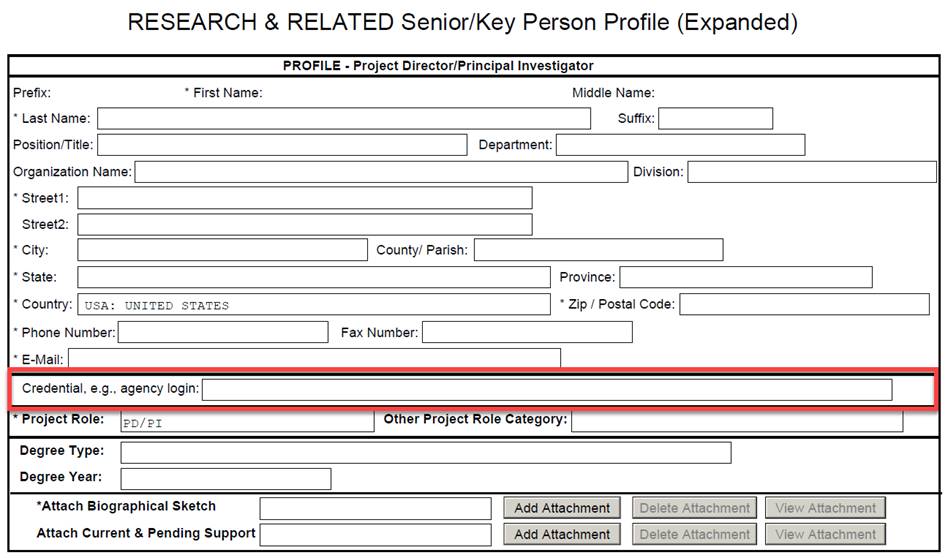 The 'Credential, e.g. agency login field’ on the Research & Related Senior/Key Person Profile (Expanded) form