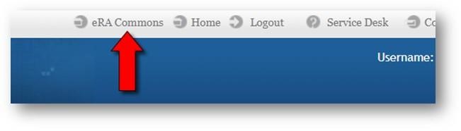 Screenshot showing how to switch over to eRA Commons by clicking on the eRA Commons link at the top right of each page.