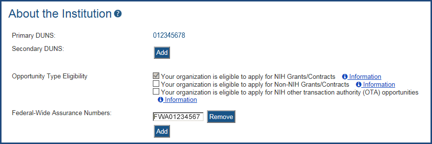 Title: Figure 1: Opportunity Type Eligibility Checkboxes - Description: Opportunity Type Eligibility Checkboxes in the Institutional Profile