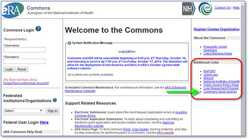eRA Commons screen capture highlighting location of Commons Quick Queries link