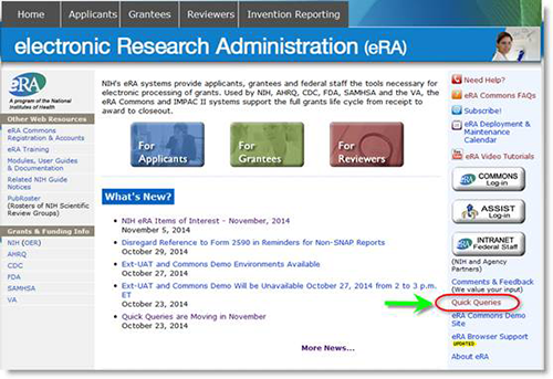 eRA home page screen capture highlighting Quick Queries link