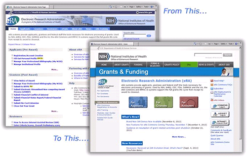 The old eRA home page on the left, the new eRA home page on the right.