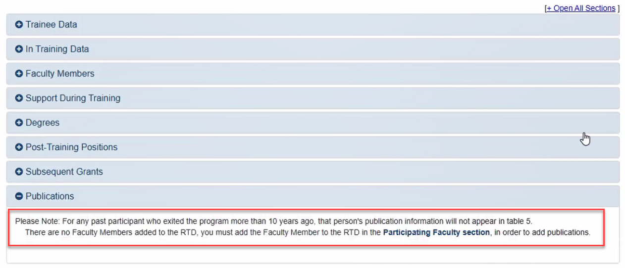 Note displayed on the Publications section when no faculty members have been added to the RTD.