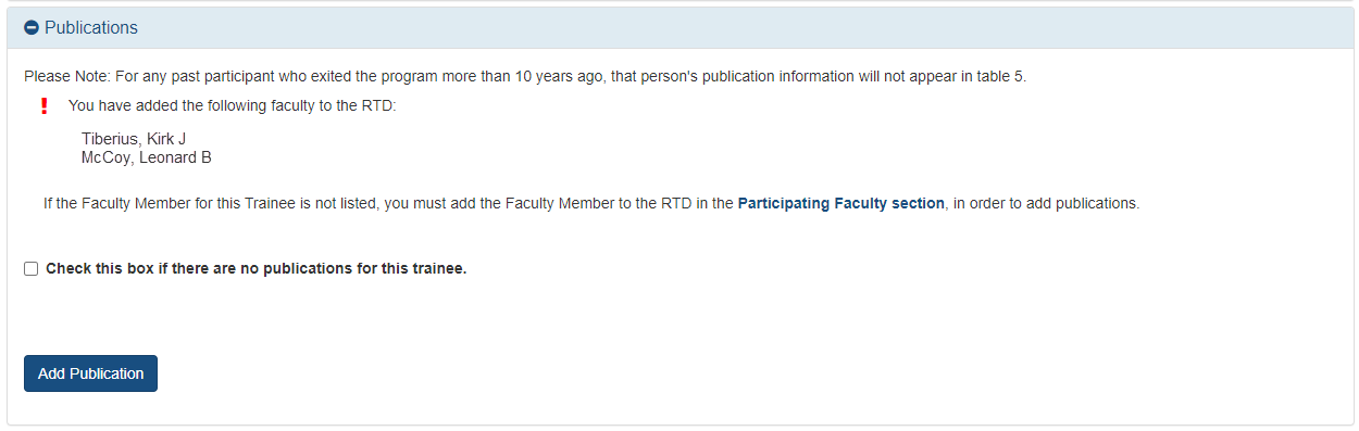 List of participating faculty for the RTD in the Publications section.
