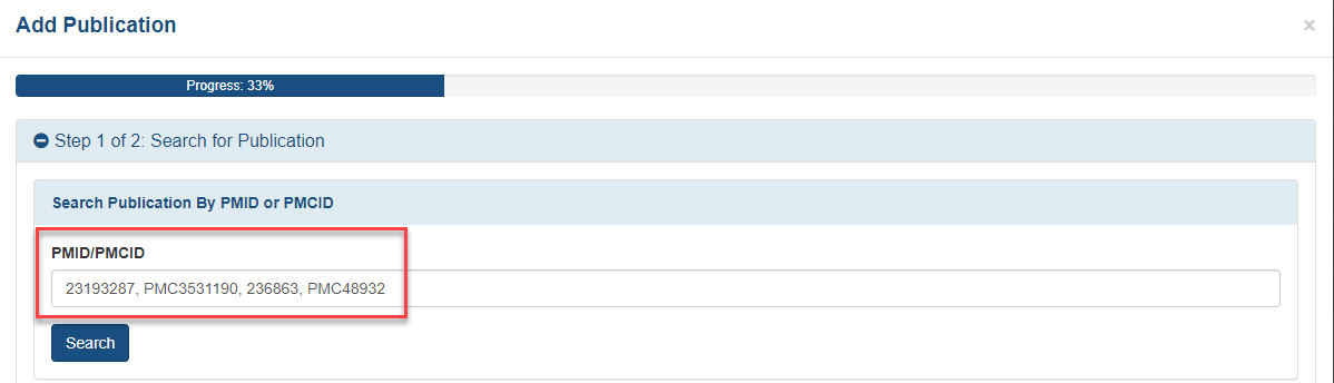 PMID/PMCID search field with multiple entries, separated by a comma.