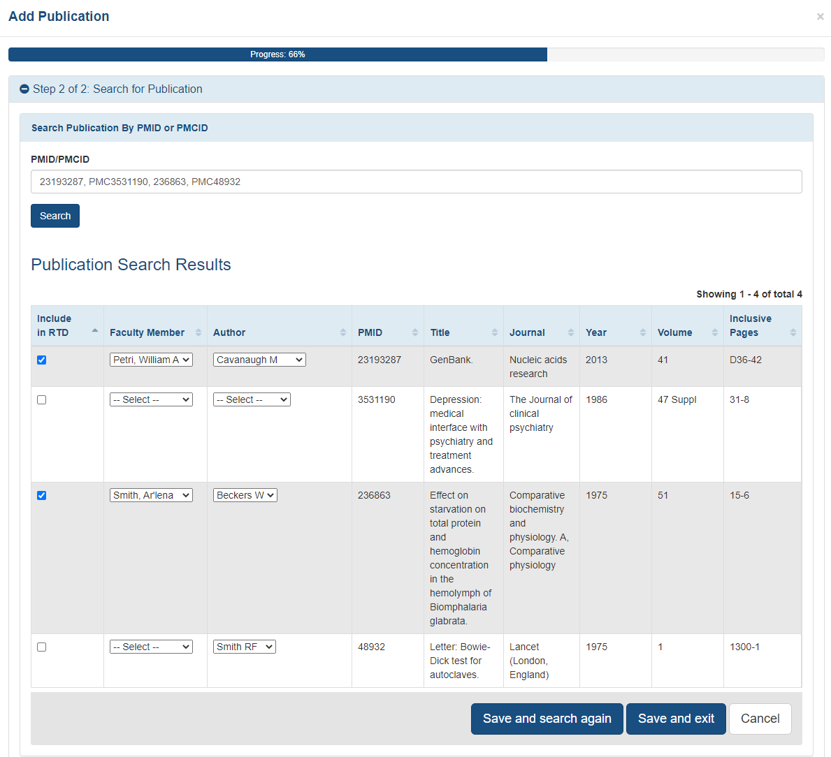 The new search results table on the Publications Search Results screen, where publications can be selected and associated with faculty and authors.