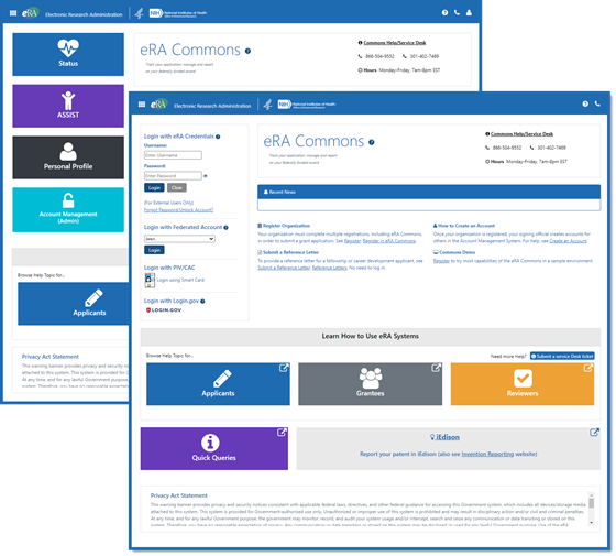 New eRA Commons login and landing screens