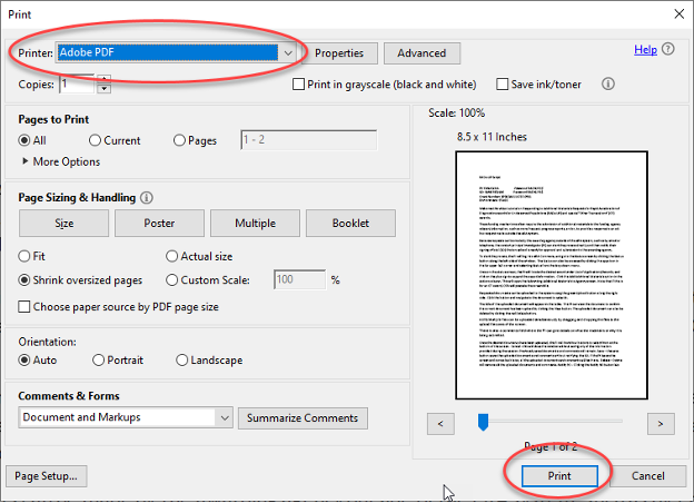 To do this, go to File>Print, select the printer option from the menu that has a PDF option. Depending of the software available to you the specific option may vary from the one shown below. Click the Print button and name the file.
