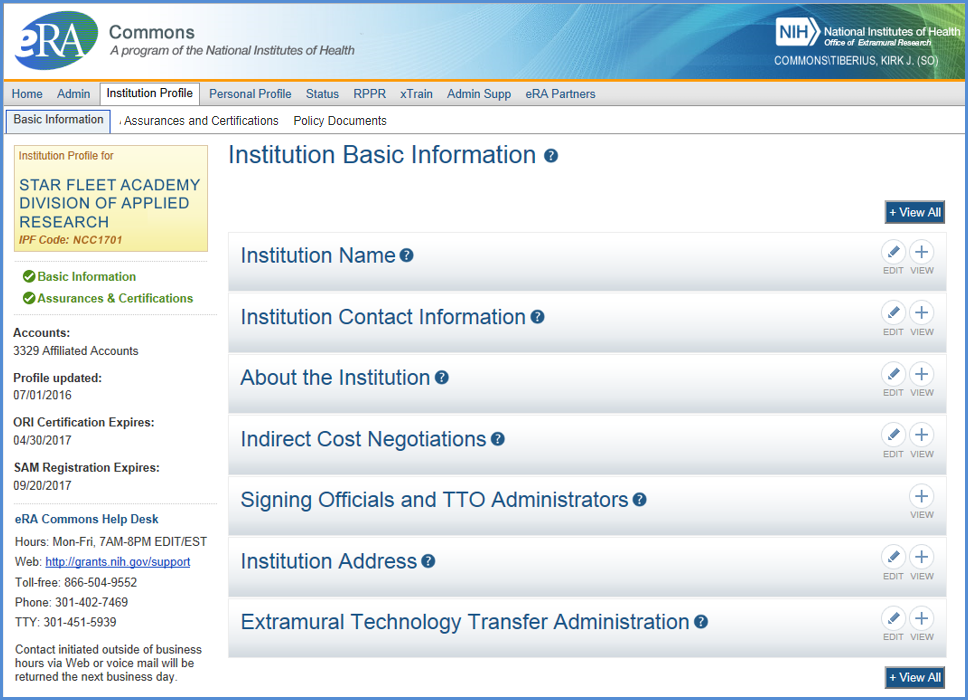Institutional Profile (IPF) form showing the Institution Basic Information tab