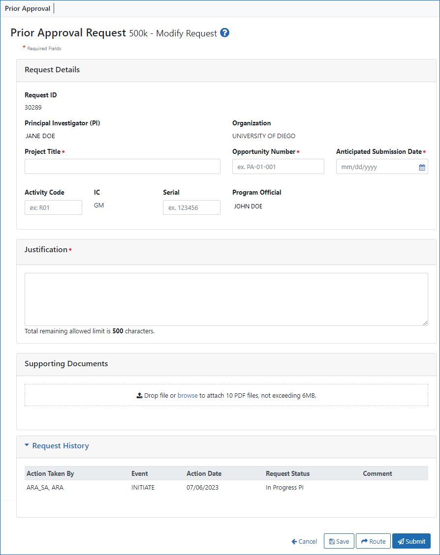 The 500K Modify Request screen in Prior Approval. 500K requests are initiated by agency staff, not by the recipient organization. Prior Approval lets recipients respond to (and submit documentation for) a 500K request that was initiated by the awarding agency.