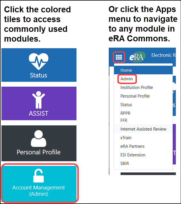 Accessing AMS from eRA Commons landing page and apps icon.