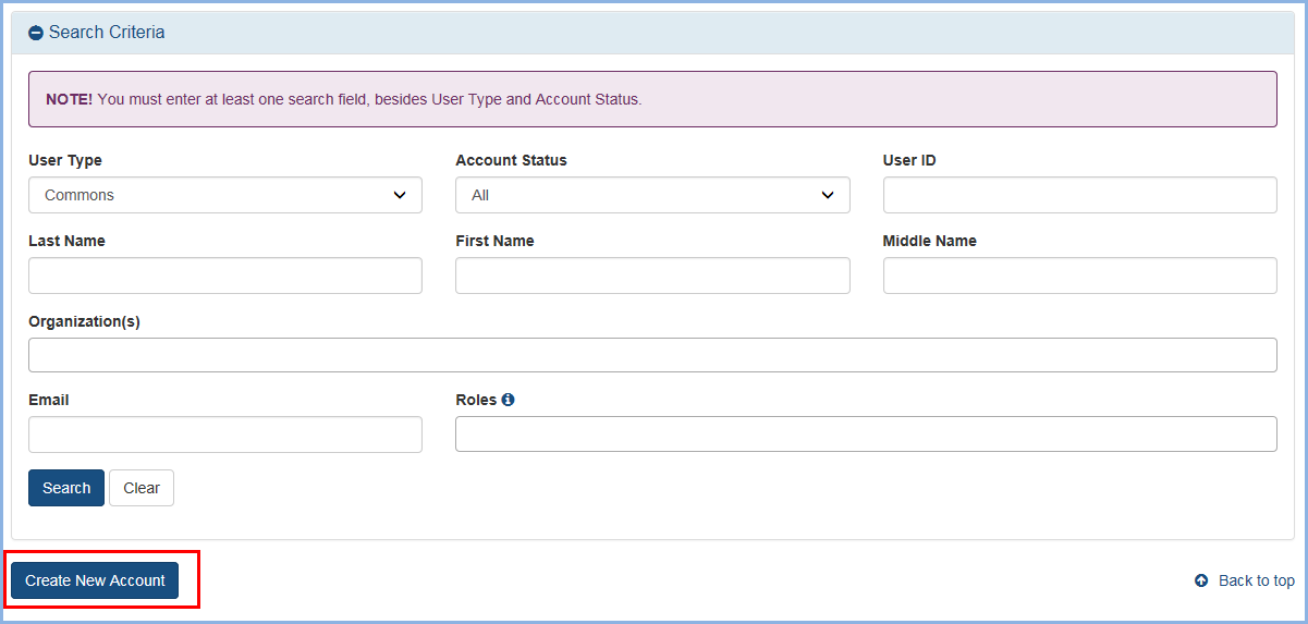 Figure 4: Accounts Management System (AMS) Search Screen showing Create New Account button