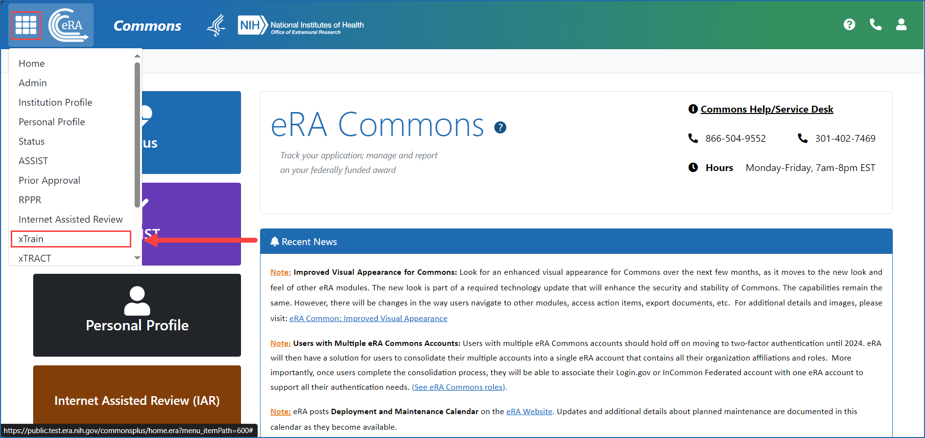 eRA Commons xTrain option from the apps icon menu