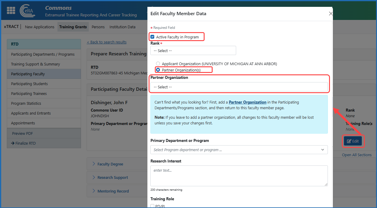 Figure 3: Edit Faculty Member Data with the “Active Faculty in Program” checkbox on the Participating Faculty screen of an RTD. Also shown is the Partner Organization option and dropdown to associate a faculty member with a partner organization.