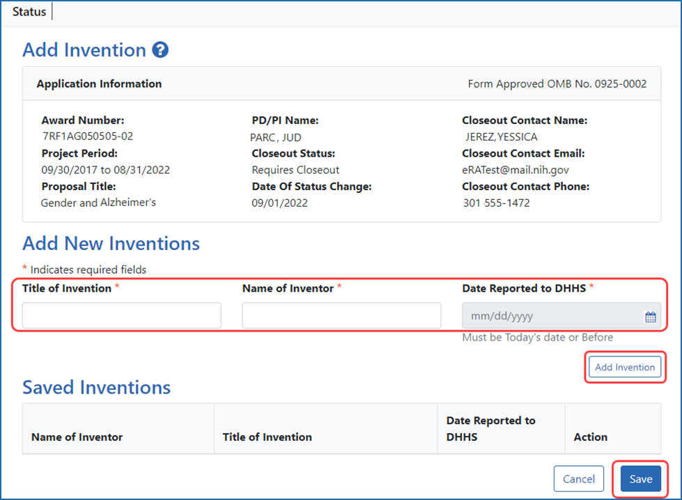 Figure 2: Add Invention screen, where the user adds details of inventions to list on Final Invention Statement
