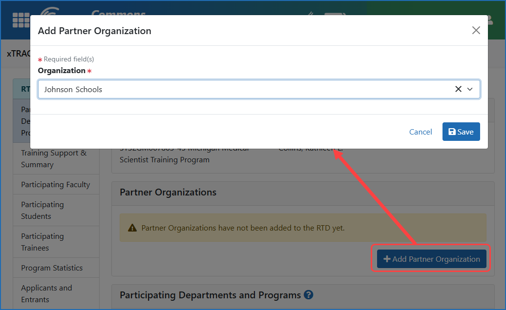 Figure 1: Add Partner Organization button on the Participating Departments/Programs screen of an RTD