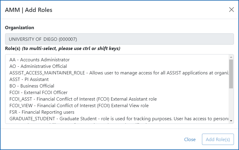 Figure 4: Account Management Module (AMM) Add Roles screen