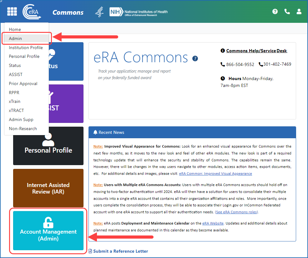 Figure 1: Accessing Admin/Account Management (AMM) from eRA Commons landing page and Main menu.