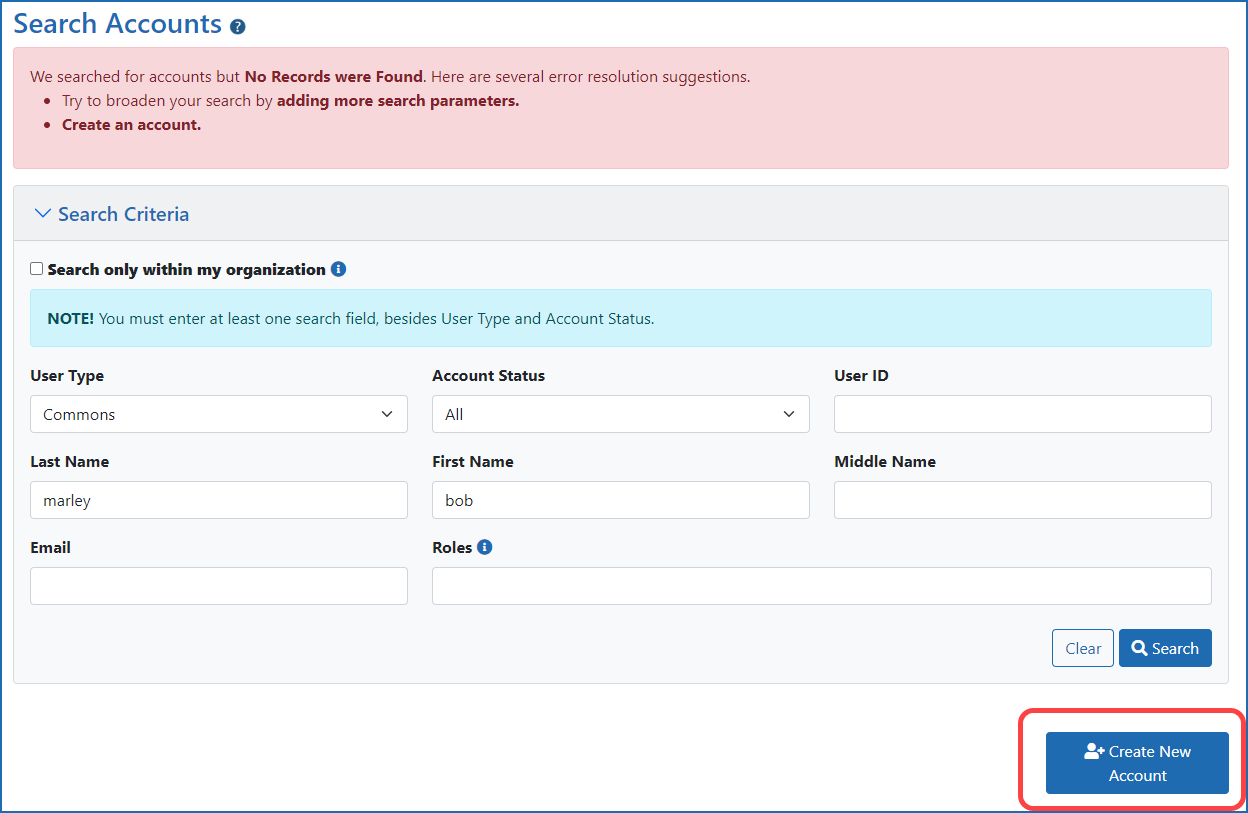Figure 2: Account Management Module (AMM) Search Screen showing Create New Account button, once a search finds no account for the details you entered.
