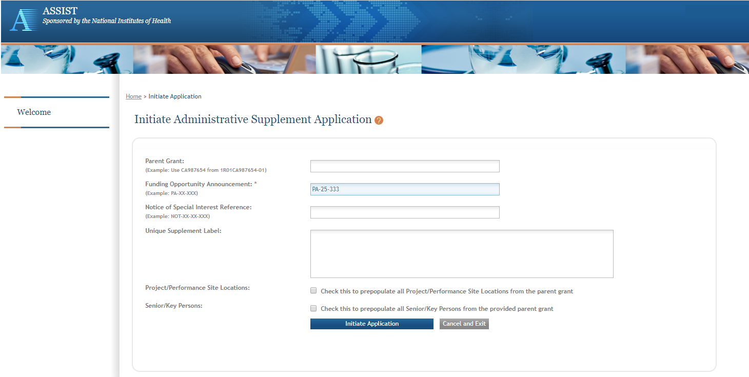 ASSIST’s Initiate Administrative Supplement Application screen