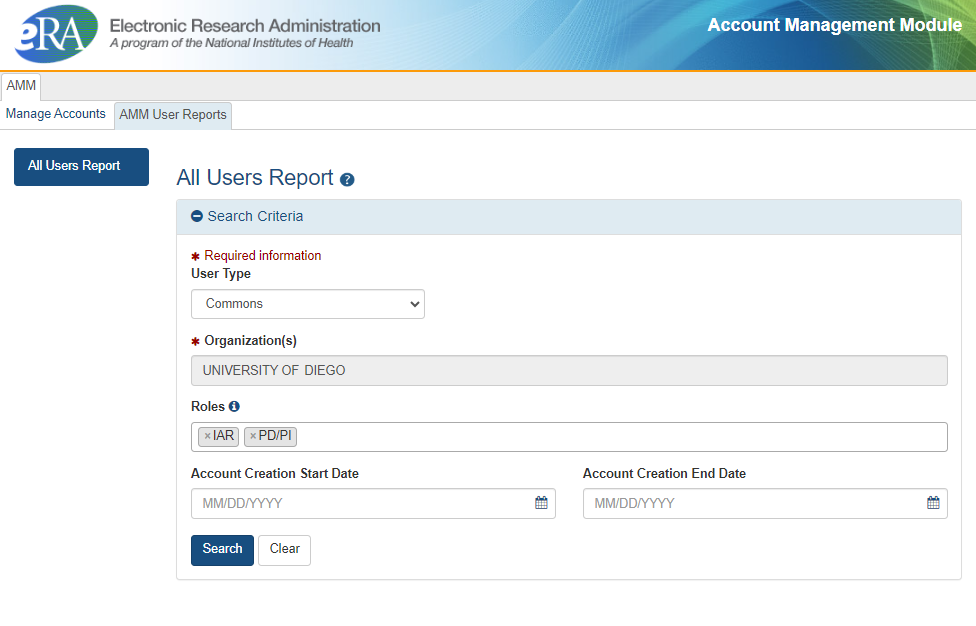 Account Management Module All Users Report screen 