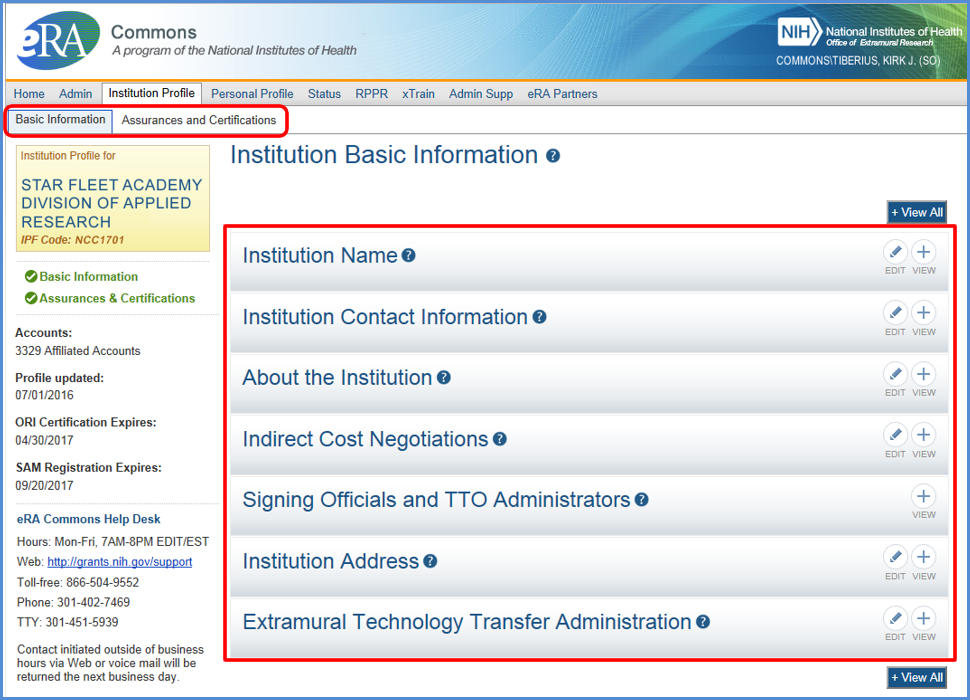 Institution Basic Information on the Institutional Profile (IPF), showing navigation tabs and informational categories