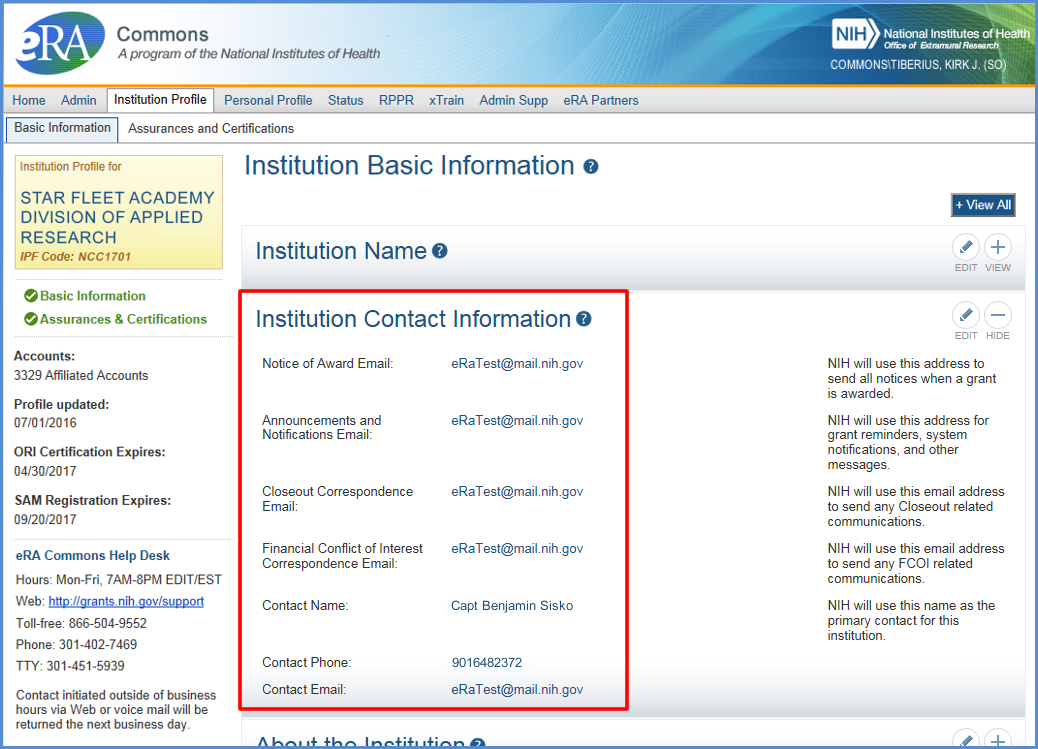 The IPF with the Institution Name section expanded and showing Institution Contact Information