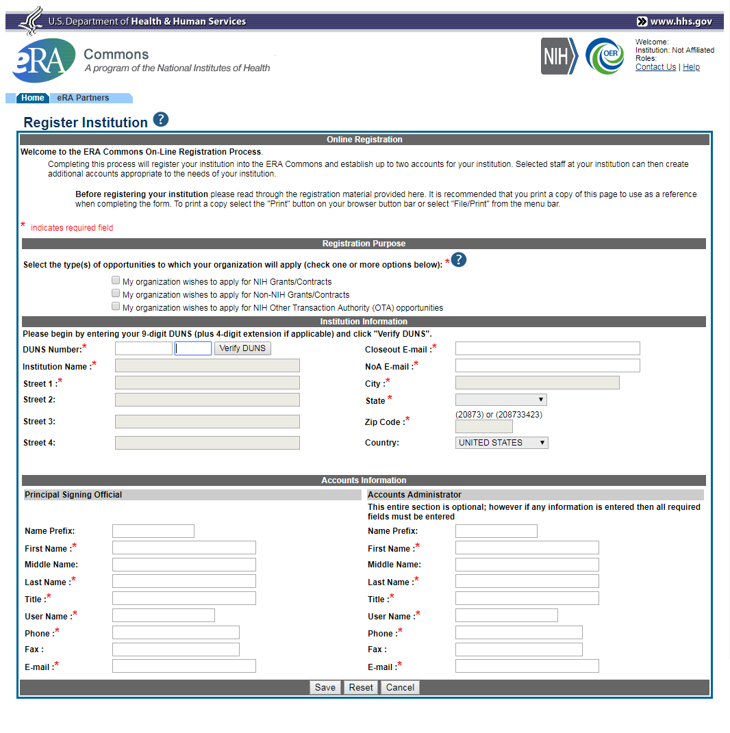 Register Institution screen
