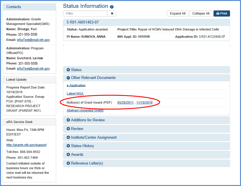Detailed Status Information screen showing the Notice of Award (NoA) link in the Other Relevant Documents section