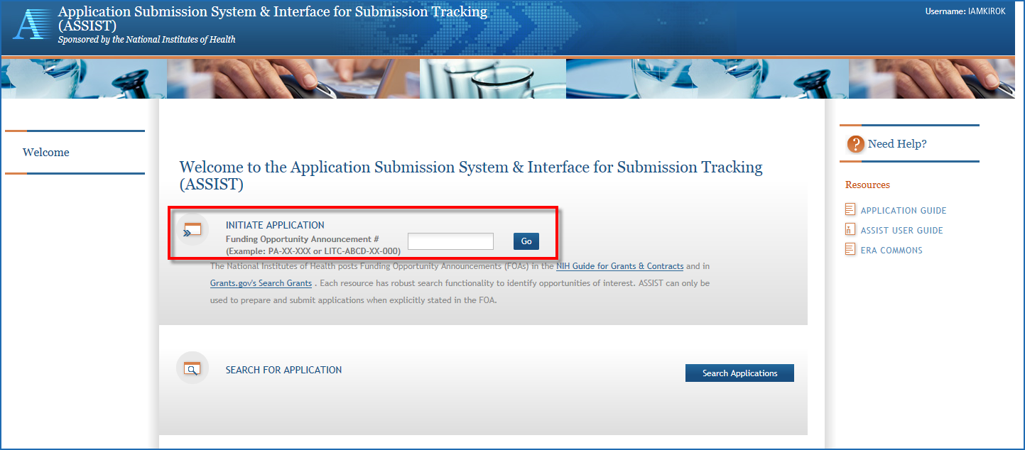 ASSIST Welcome page with Initiate Application field