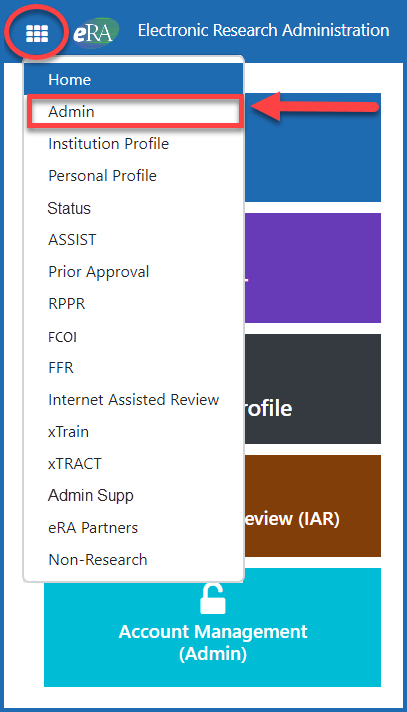 Figure 2: eRA Commons landing page showing the Admin menu option from the apps icon