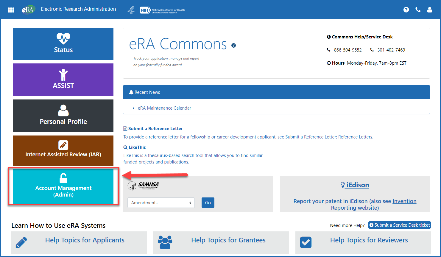 Figure 1: eRA Commons landing page showing the Account Management (Admin) button and the Admin menu option from the apps icon