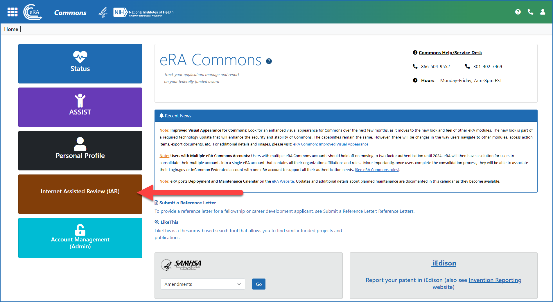 IAR navigation button from eRA Commons landing page