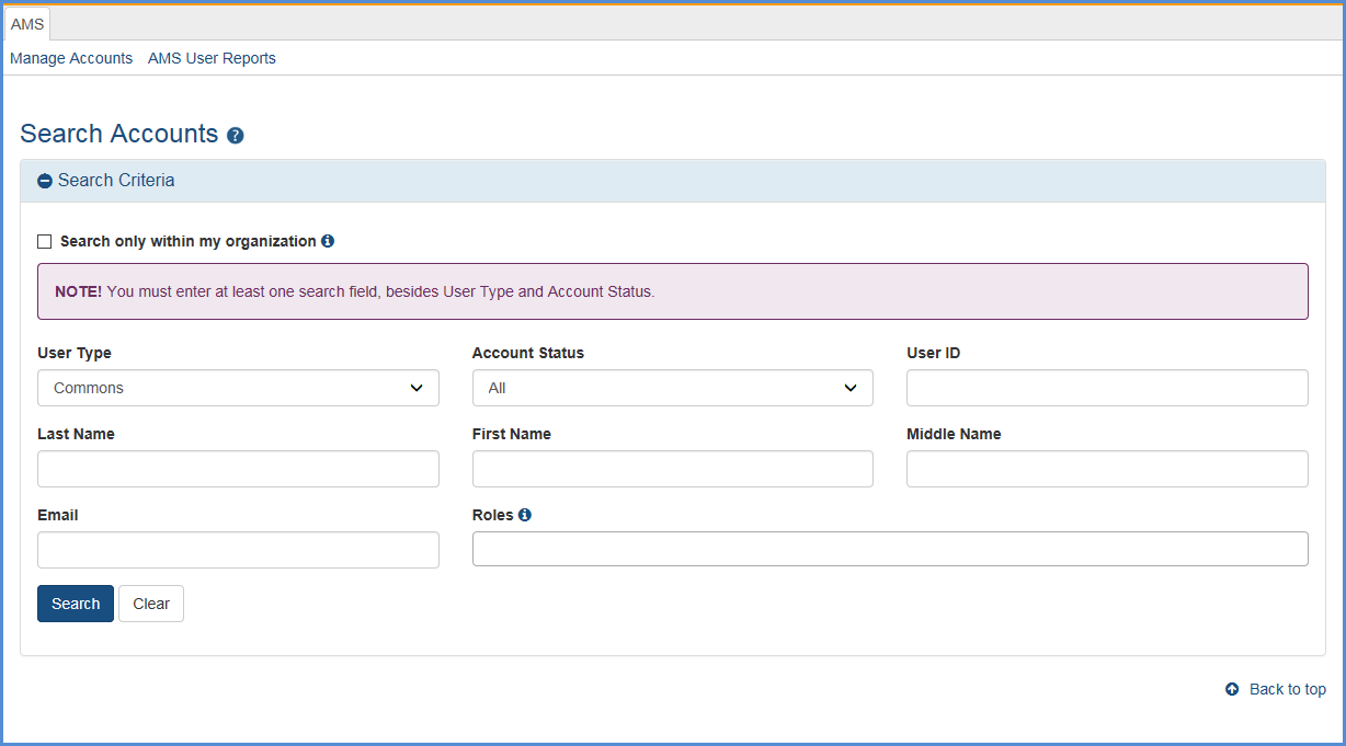 Figure 2: Accounts Management System (AMS) Add Search Accounts screen