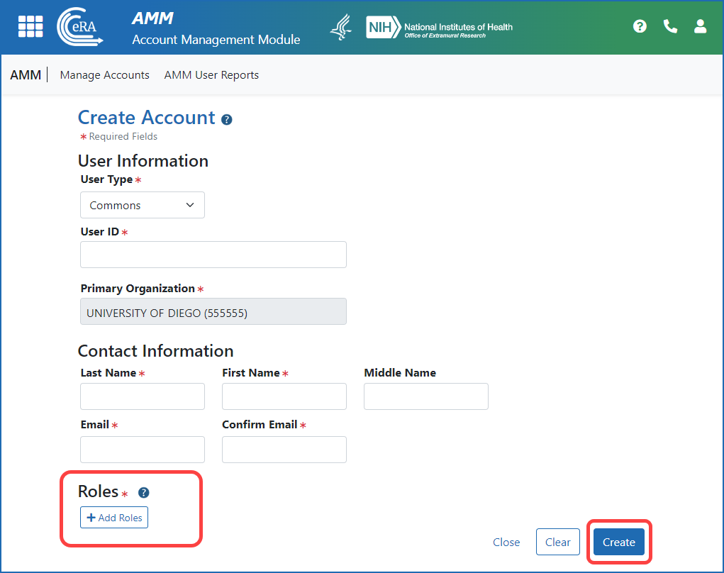  Figure 3: Account Management Module (AMM) Create Account Screen showing the Add Roles button and the Create button
