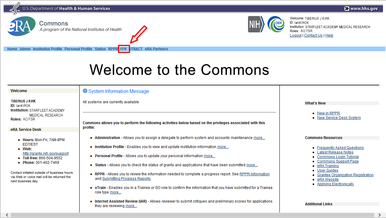 The FFR link in eRA Commons navigation bar