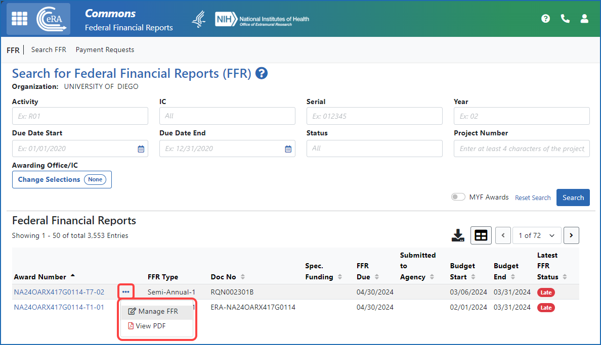Figure 3: FFR Search screen, showing results and Manage FFR and View PDF actions under the three-dot ellipsis menu