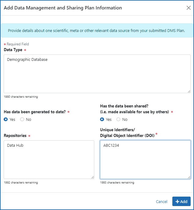 Figure 2: The Add DMS Plan Information screen 