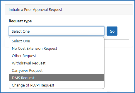 Figure 6: Screenshot of Prior Approval’s dropdown menu displaying DMS Request as an option