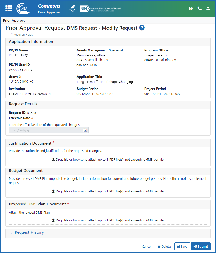 Figure 7: The DMS Request – Modify Request screen to submit the prior approval request for a revised plan