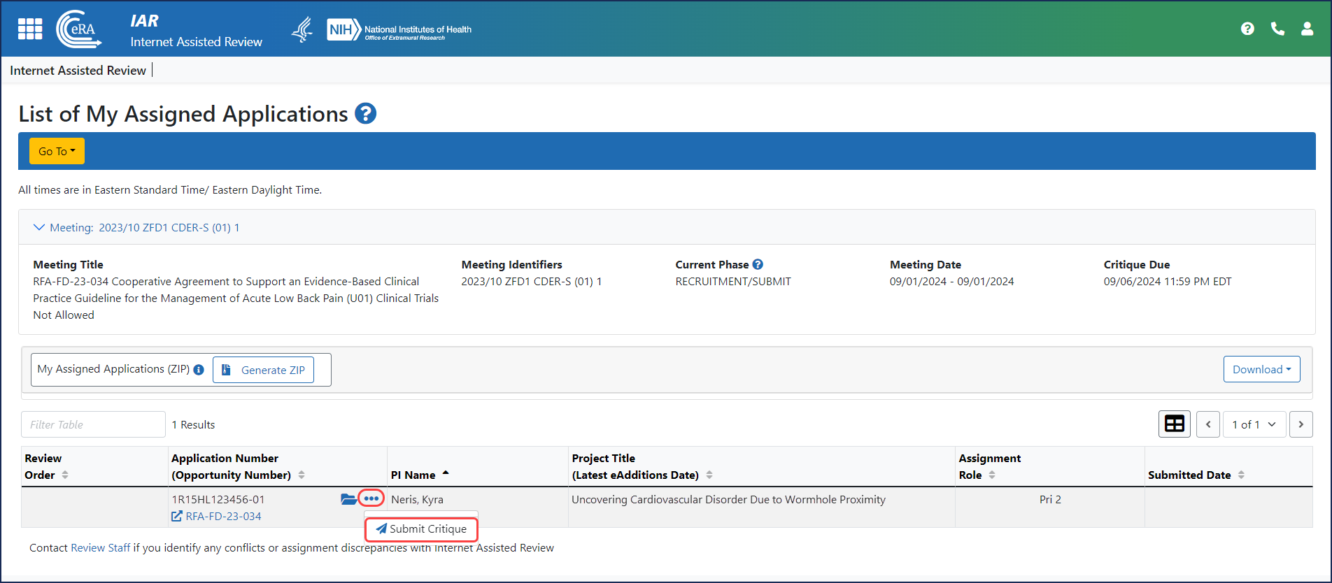 Figure 2: The reviewer clicks SubmitCritique from the three-dot dropdown menu on the List of My Assigned Applications or List of All Applications screen to access the online critique.