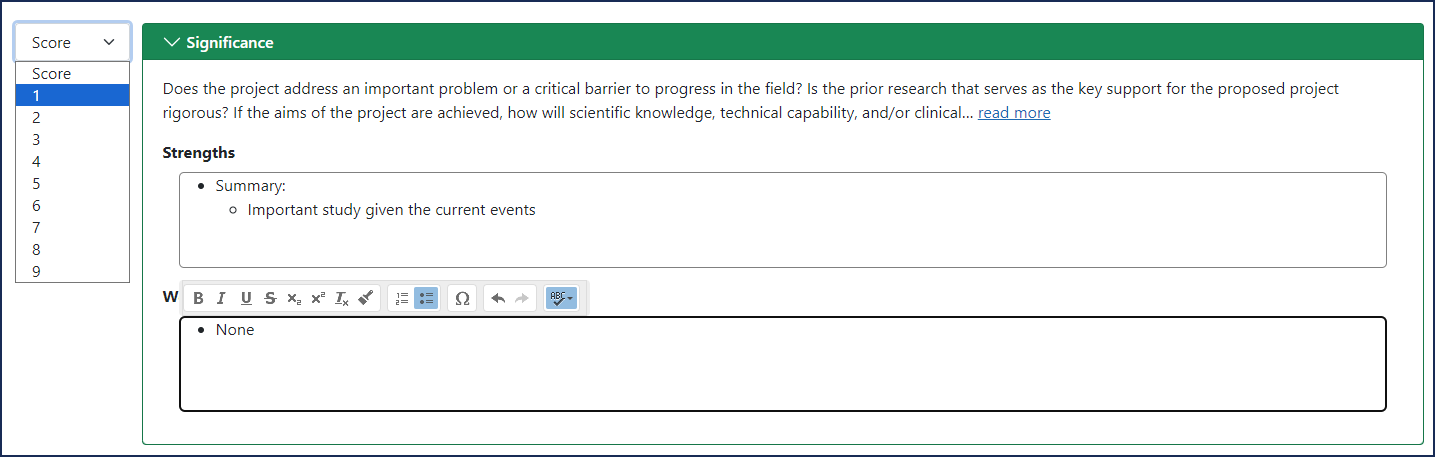 Figure 4: The review criterion is spelled out (in this example, Significance) and the reviewer enters the strengths and weaknesses in the fields, while choosing a score from the left-hand dropdown menu.