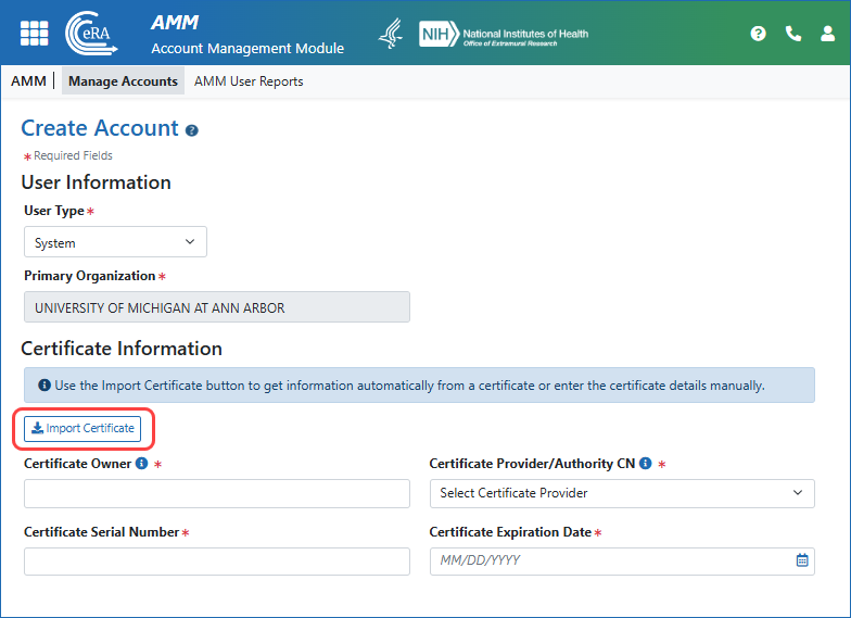 Figure 2.  The AMM Create Account screen, showing the new Import Certificate button