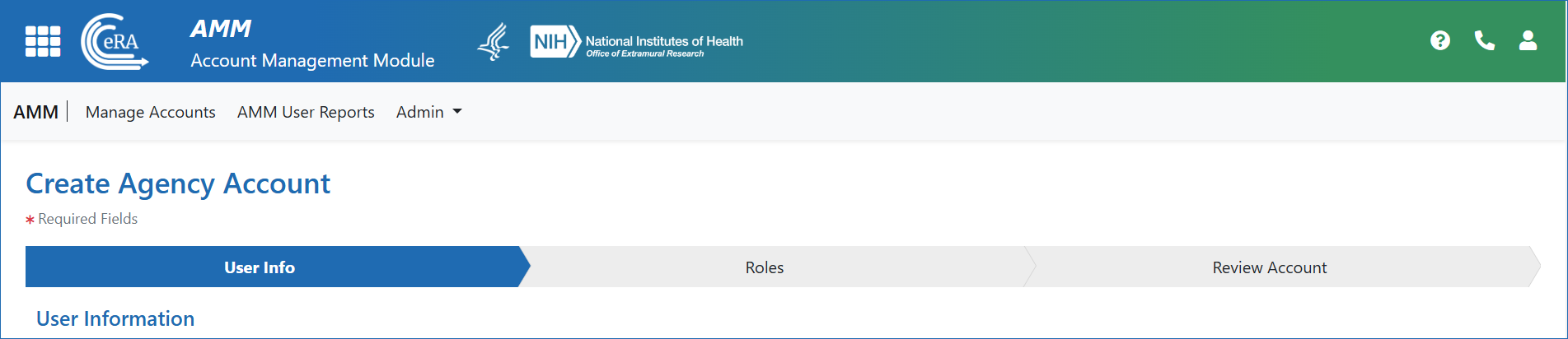 Figure 2: New workflow for Create Agency Account includes three steps: User Info, Roles and a Review Account step