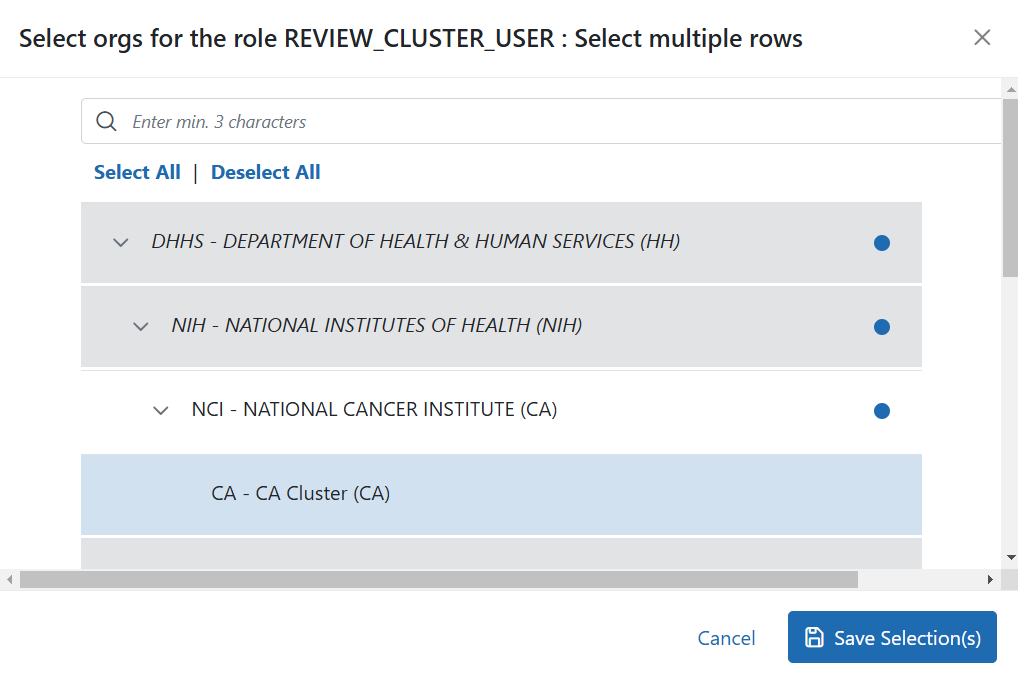 Figure 4: Popup where you choose organizations the role is affiliated to