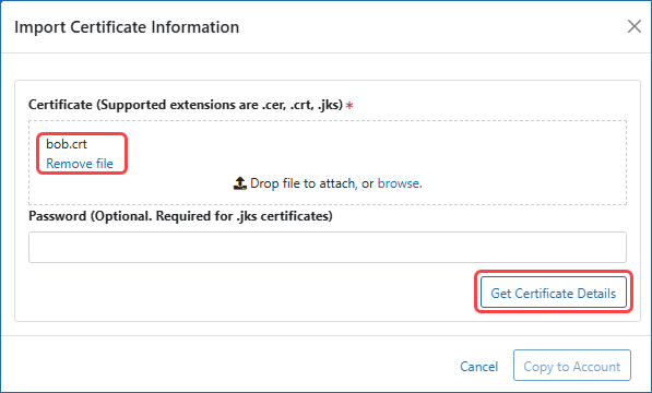 Figure 3: Import Certificate Information popup window, showing a file that has been chosen, and the Get Certificate Details button