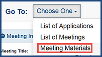 The Meeting Materials link is accessible as a quick link from the drop-down global navigation menu from several IAR screens