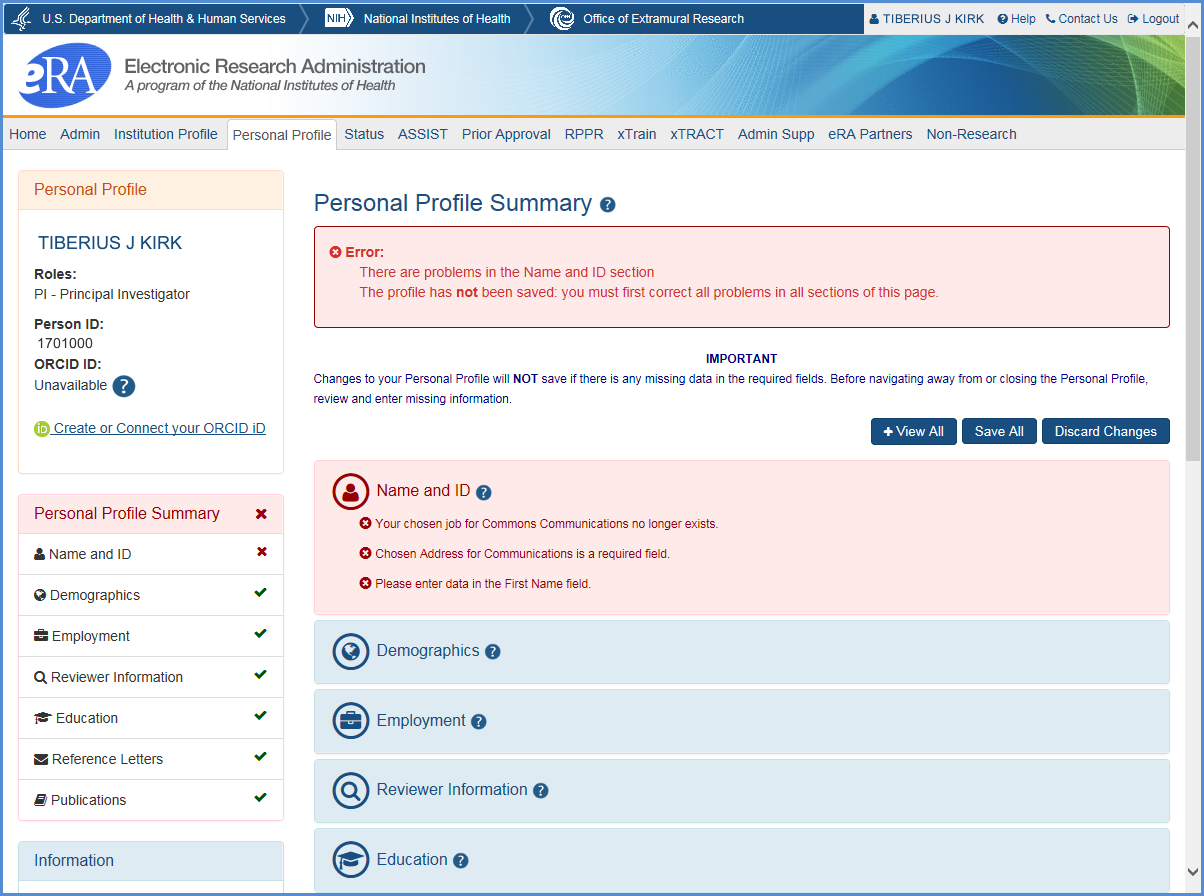 Personal Profile (PPF) screen showing errors and/or incomplete information in various categories