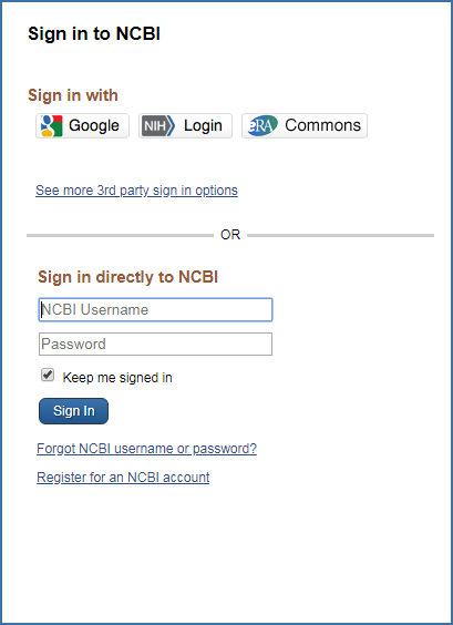 Sign-in to NCBI screen