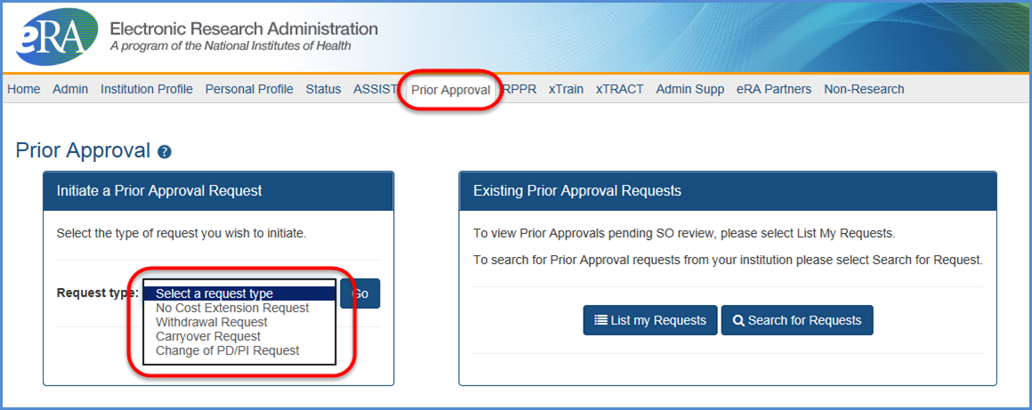 The Prior Approval screen showing the options for request types for NIH grants only